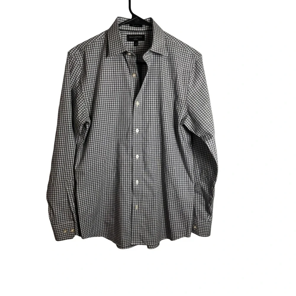Banana Republic Mens Slim Fit Non-Iron Dress Shirt Navy White‎ Gingham Small S